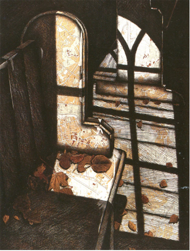  Chris Wilson:  Interior World , 1987, map and conté on panel, 122 x 76 cm; collection Arts Council of England; courtesy the artist